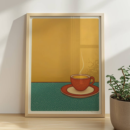 Minimalistische Illustration einer dampfenden Kaffeetasse auf grün gepunktetem Tisch vor warmem gelben Hintergrund.. Rahmen natur 30x40