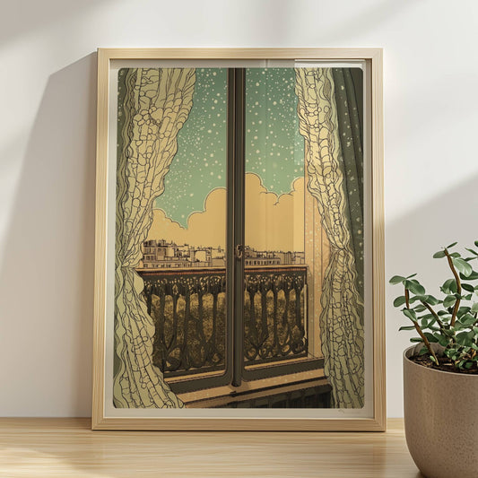 Fensterblick auf eine verschneite Stadtlandschaft durch elegante Vorhänge im Jugendstil mit verschnörkeltem Balkon.. Rahmen natur 30x40