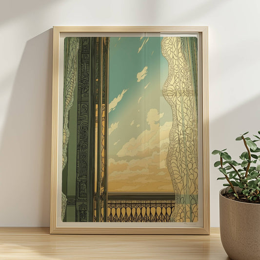 Offenes Fenster mit verschnörkeltem Balkon im Jugendstil, Spitzenvorhang und Blick auf sonnigen Himmel mit Wolken.. Rahmen natur 30x40
