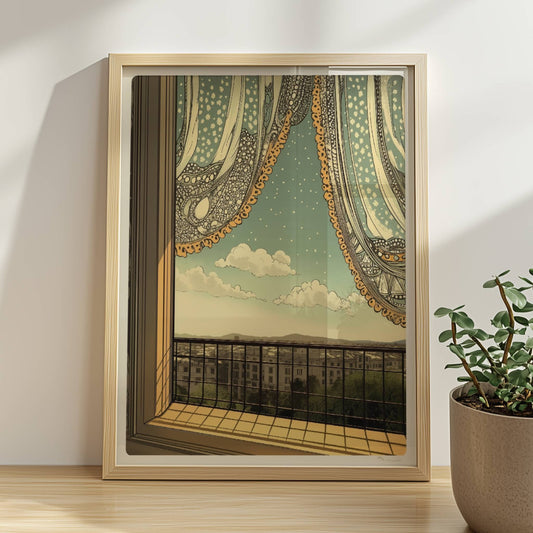 Offenes Fenster mit verspielter Spitzengardine, Blick auf Stadtlandschaft und ferne Berge im Jugendstil.. Rahmen natur 30x40