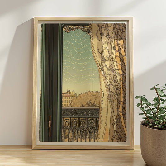 Verziertes Fenster mit halbtransparenter Gardine, Blick auf Balkon und Stadt im Jugendstil.. Rahmen natur 30x40