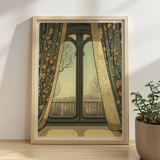 Jugendstil-Fenster mit grünen und goldenen Vorhängen, Blick auf Stadt und Bäume – malerischer Fensterblick.. Rahmen natur 30x40