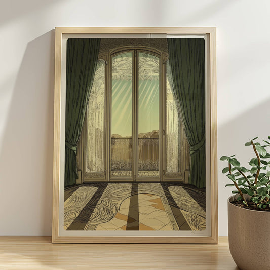 Verziertes Jugendstil-Fenster mit grünen Vorhängen, Sonnenstrahlen auf kunstvollem Musterboden, eleganter Fensterblick ins Freie.. Rahmen natur 30x40
