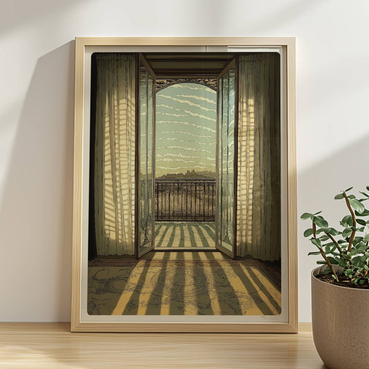 Offene Jugendstil-Balkontür mit lichtdurchfluteten Vorhängen, Sonnenstrahlen auf Teppich und eleganter Fensterblick ins Freie.. Rahmen natur 30x40