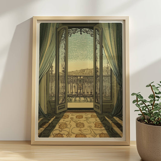 Offenes Jugendstil-Balkonfenster mit weichen Vorhängen, Sonnenlicht auf floralem Teppich und Stadtblick – eleganter Fensterblick im Interieur.. Rahmen natur 30x40