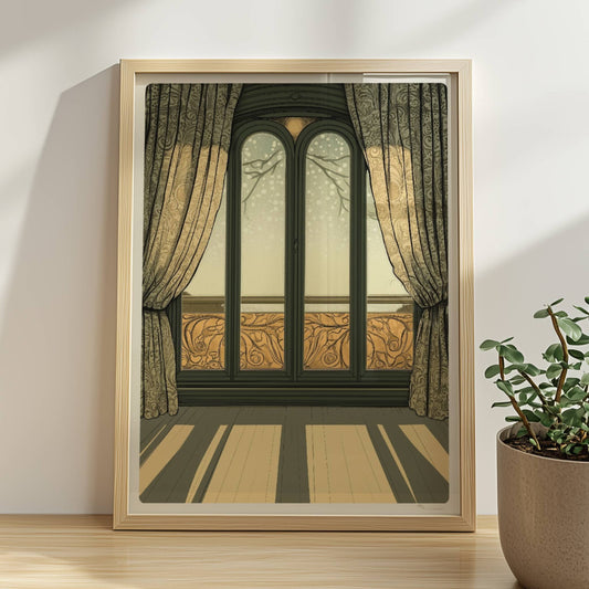 Sonnendurchflutetes Jugendstil-Fenster mit dekorativen Vorhängen, elegantem Musterbalkon und langem Schattenwurf im Raum – stilvoller Fensterblick.. Rahmen natur 30x40