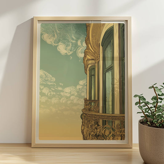 Prächtig verzierter Jugendstil-Balkon mit eleganten Fenstern und wirbelnden Wolken am Himmel – romantischer Fassadenblick.. Rahmen natur 30x40