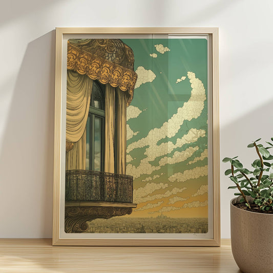 Prunkvoller Jugendstil-Balkon mit geschwungenen Vorhängen und weitem Stadtblick unter strahlendem Himmel.. Rahmen natur 30x40