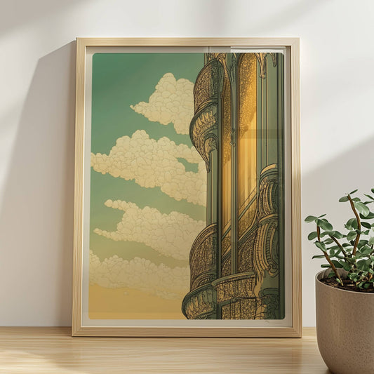 Jugendstil-Fassadendetail mit geschwungenen Balkonen, goldenen Spiegelungen und dekorativen Elementen vor sonnigem Himmel.. Rahmen natur 30x40