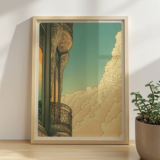 Jugendstil-Balkon mit filigranen Ornamenten, goldenen Spiegelungen und dramatischem Wolkenspiel vor blauem Himmel.. Rahmen natur 30x40
