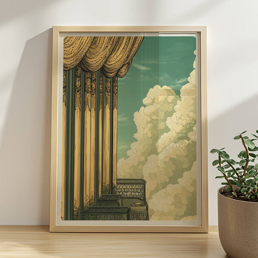 Prächtiger Jugendstil-Balkon mit goldenen Säulen, filigranen Geländern und weitem Blick in ein dramatisches Wolkenmeer.. Rahmen natur 30x40