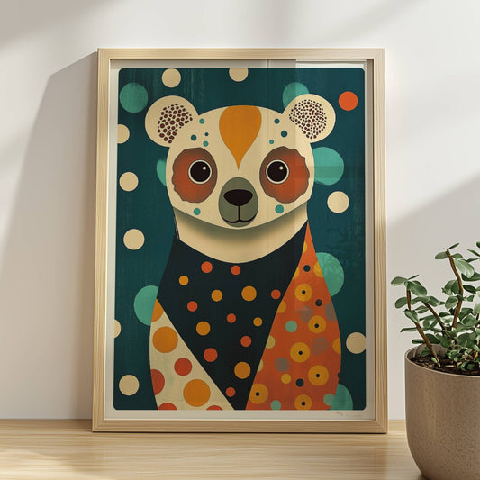 Verspielter Bär mit bunten Punkten, stilisiertes Tierportrait im modernen Retro-Look.. Rahmen natur 30x40