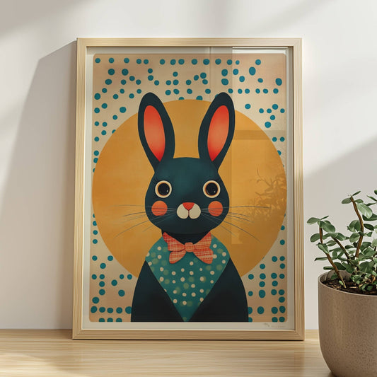 Dunkelblauer Hase mit roter Fliege und Punkthemd vor gelber Sonne, charmante Tierillustration für Kinderzimmer und moderne Wandkunst.. Rahmen natur 30x40