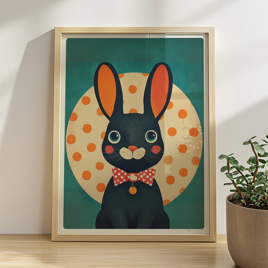 Schwarzer Hase mit roter Fliege vor gelbem Punktkreis auf türkisfarbenem Hintergrund, verspielte Tierillustration im modernen Stil.. Rahmen natur 30x40