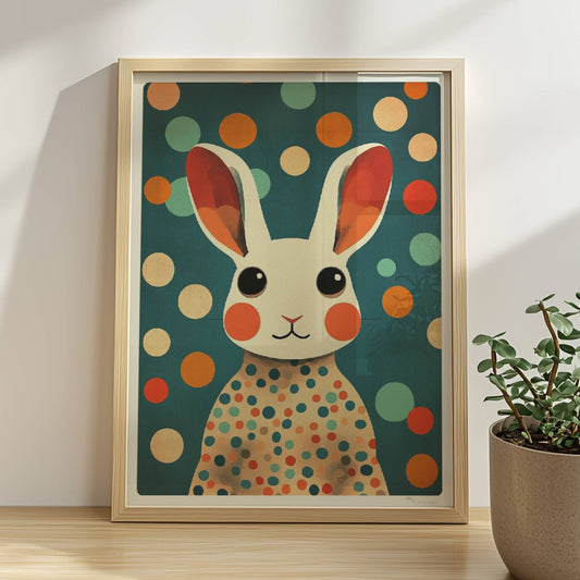 Weißer Hase mit großen Augen und buntem Punktekleid auf blauem Hintergrund, niedliche Tierillustration.. Rahmen natur 30x40