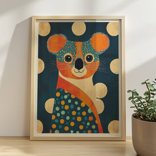 Farbenfroher Koala mit großen Punkten und verspieltem, modernem Design – perfekte Wanddeko fürs Kinderzimmer.. Rahmen natur 30x40