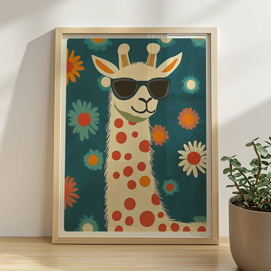 Lustige LAMA mit Sonnenbrille und roten Punkten vor Blumenhintergrund – ideales Tierposter für moderne Kinderzimmer.. Rahmen natur 30x40
