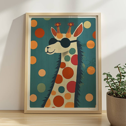 Lustiges LAMA mit schwarzer Sonnenbrille und bunten Punkten auf türkisfarbenem Hintergrund – modernes Tierposter.. Rahmen natur 30x40