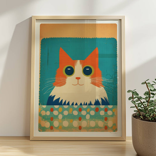 Rote Katze mit großen Augen und fluffigem Fell auf türkisfarbenem, gepunktetem Hintergrund – charmante Tierillustration.. Rahmen natur 30x40