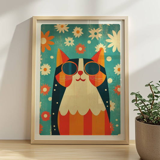 Bunte Hippie-Katze mit Sonnenbrille und Blumenhintergrund – fröhliche Retro-Tierillustration.. Rahmen natur 30x40