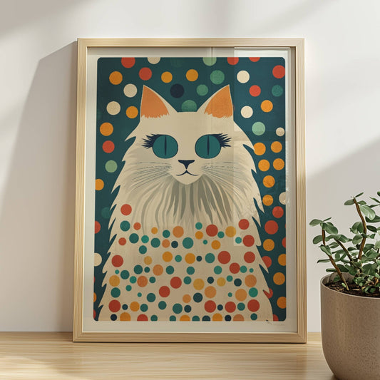 Hübsche weiße Katze mit langen Wimpern – süße Katzenkunst.. Rahmen natur 30x40