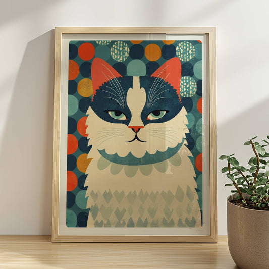 Schwarz-weiße Katze mit buntem Hintergrund – fröhliches Katzenmotiv.. Rahmen natur 30x40