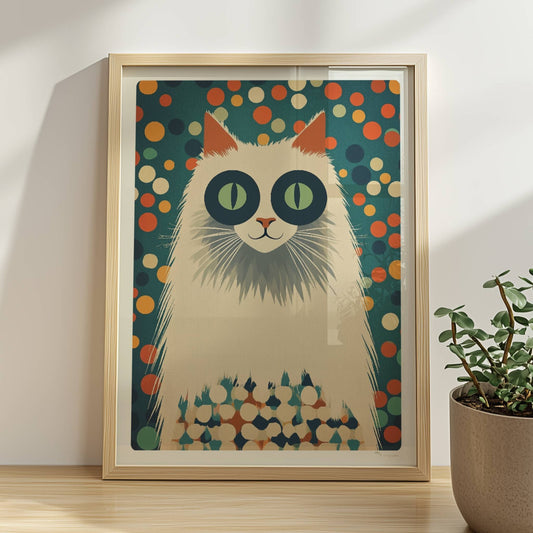 Weiße Langhaarkatze mit markanten Augenringen – lustige Katzenkunst.. Rahmen natur 30x40