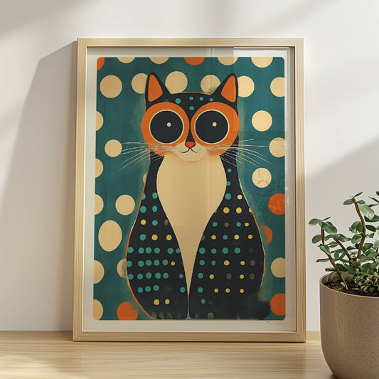 Katze mit Hypnose-Augen – faszinierendes Katzenmotiv.. Rahmen natur 30x40