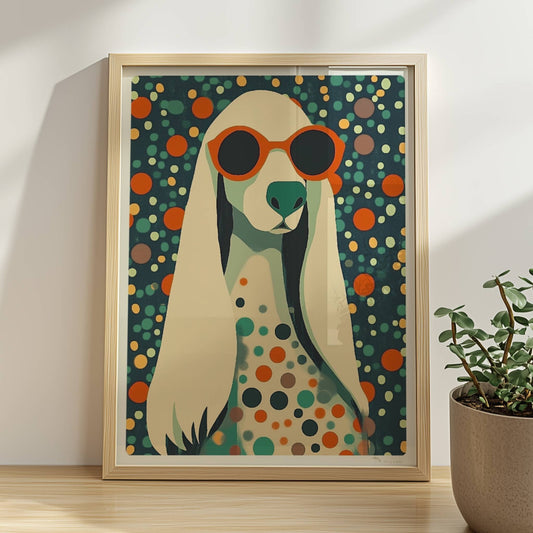 Langhaariger Hund mit Sonnenbrille und buntem Punktmuster, stilvolle Hundeillustration.. Rahmen natur 30x40