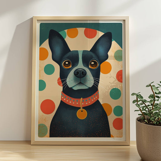 Schwarzer Hund mit rotem Halsband und buntem Punktmuster im Hintergrund, charmanter Hundeprint.. Rahmen natur 30x40