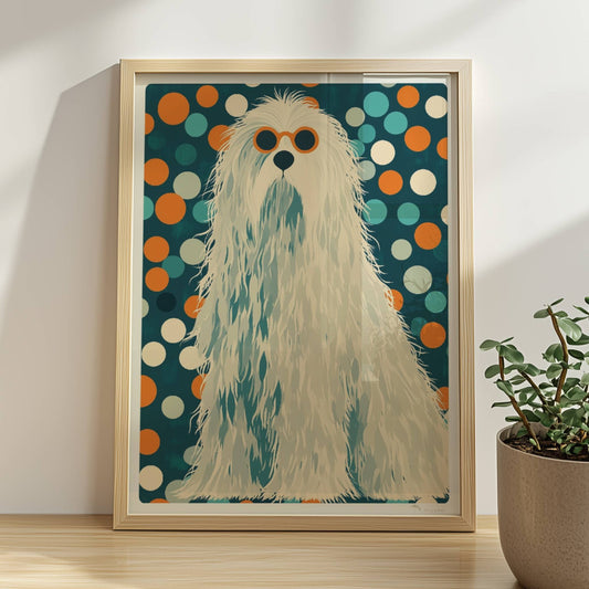 Langhaariger weißer Hund mit Sonnenbrille und buntem Punktmuster im Hintergrund, witziges Hundeillustration Poster.. Rahmen natur 30x40