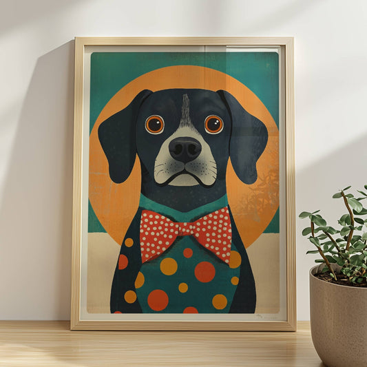 Schwarzer Hund mit roter Fliege und buntem Punkt-Outfit vor orange-grünem Hintergrund – lustiges Hundeillustration Poster.. Rahmen natur 30x40