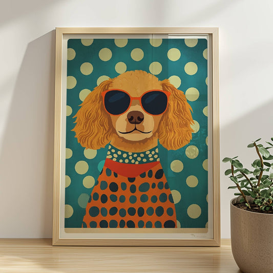 Brauner Hund mit Sonnenbrille und gepunktetem Pullover vor grünem Hintergrund – lustiges Hundeillustration Poster.. Rahmen natur 30x40