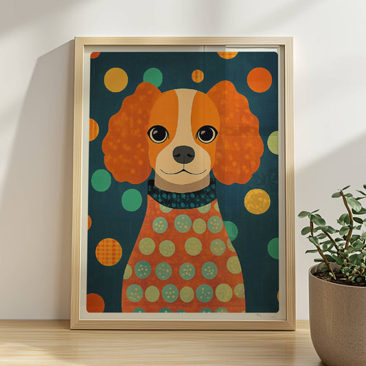 Orangefarbener Hund mit Locken und Punkt-Pullover vor buntem Hintergrund – niedliches Hundeillustration Poster.. Rahmen natur 30x40
