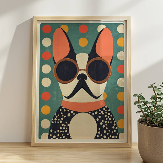 Schwarz-weißer Hund mit runder Sonnenbrille vor buntem Punktmuster – stilvolles Hundeportrait Poster.. Rahmen natur 30x40