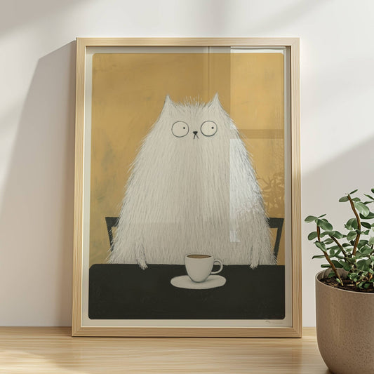 Weisse Katze mit Kaffee, lustiges Katzenposter mit charmantem Charakter.. Rahmen natur 30x40