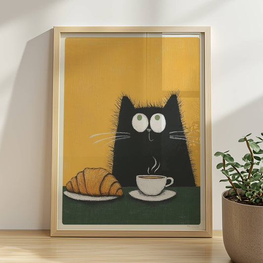 Schwarze Katze mit Croissant und Kaffee, lustiges Katzenposter.. Rahmen natur 30x40