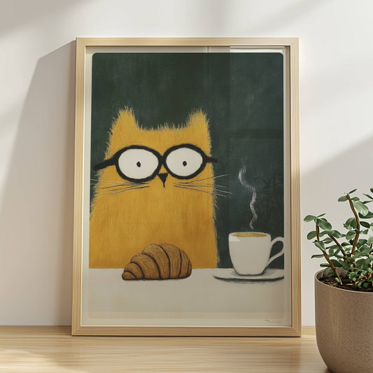 Rote Katze mit Croissant und Kaffee, lustiges Katzenposter.. Rahmen natur 30x40