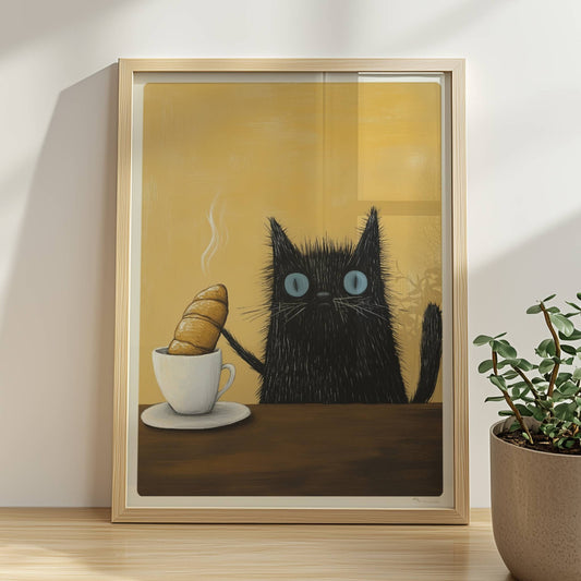 Schwarze Katze mit blauen Augen, lustiges Katzenposter.. Rahmen natur 30x40