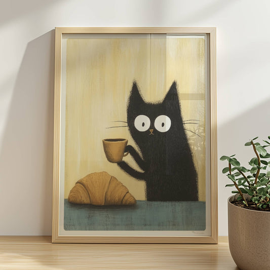 Schwarze Katze mit großen Augen, lustiges Katzenposter.. Rahmen natur 30x40