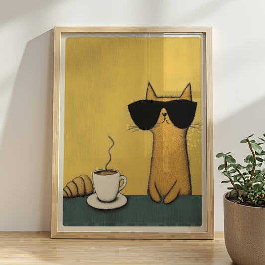 Rote Katze mit Sonnenbrille, lustiges Katzenposter.. Rahmen natur 30x40