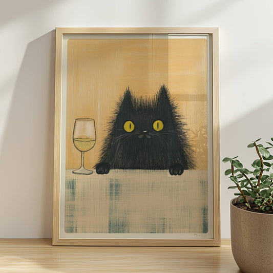 Schwarze Katze mit Weisswein, lustiges Katzenposter.. Rahmen natur 30x40