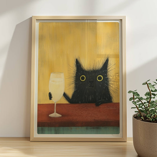 Schwarze Katze mit Champagnerglas, lustiges Katzenposter.. Rahmen natur 30x40