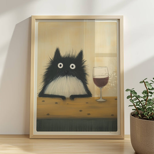 Schwarz-Weiss Katze mit Rotwein, lustiges Katzenposter.. Rahmen natur 30x40