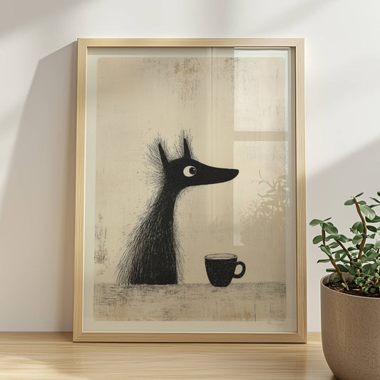 Schwarzer Hund mit Kaffee, minimalistisches Hunde-Poster in Schwarz-Weiß.. Rahmen natur 30x40