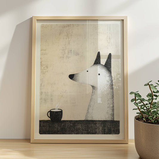 Flauschiger weißer Hund mit Kaffeetasse, minimalistische Hunde Illustration.. Rahmen natur 30x40