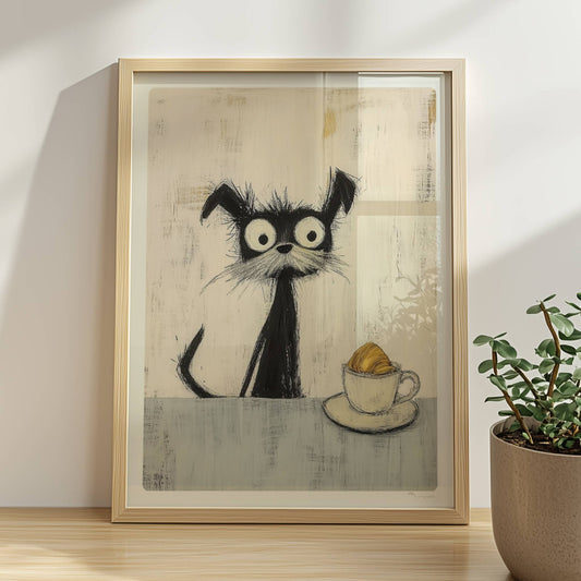 Schwarzer zotteliger Hund mit riesigen Augen und Croissant in der Tasse, witzige Illustration.. Rahmen natur 30x40