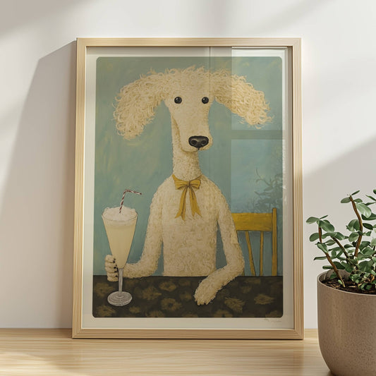 Pudel mit Milchshake und Schleife. Rahmen natur 30x40