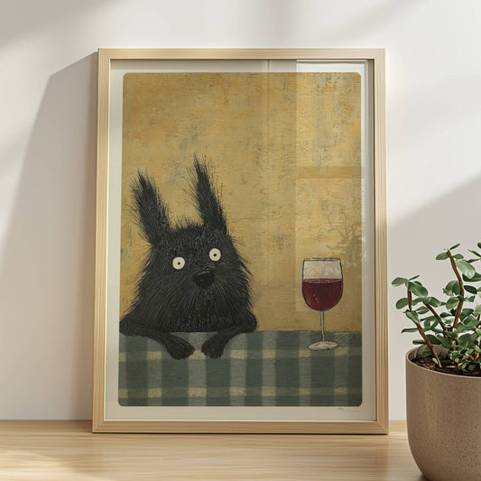 Schwarzer Hund mit Rotweinglas. Rahmen natur 30x40