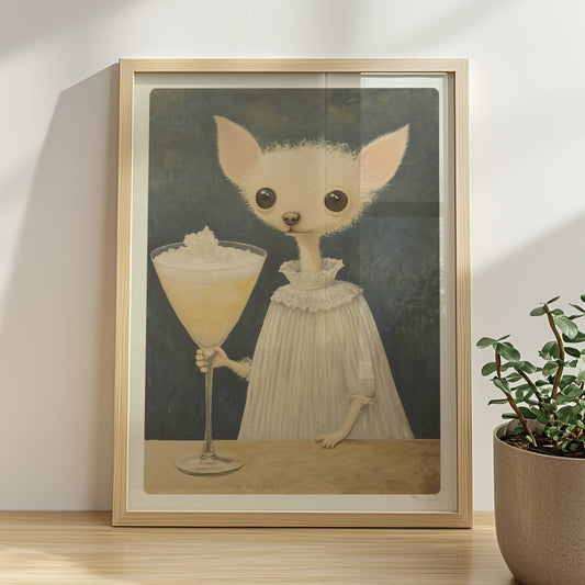 Chihuahua mit großem Cocktailglas. Rahmen natur 30x40